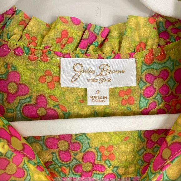 Julie Brown Top Womens 2 Blouse Neon Floral Ruffle Neckline Short Sleeve Green - Picture 4 of 7